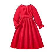 Zwiiyzr Kids Girls Spring Fall Long Sleeve Dress Casual A-Line Ruffled Flare Cuff Crewneck Princess Dress Size 8-12 Years Red